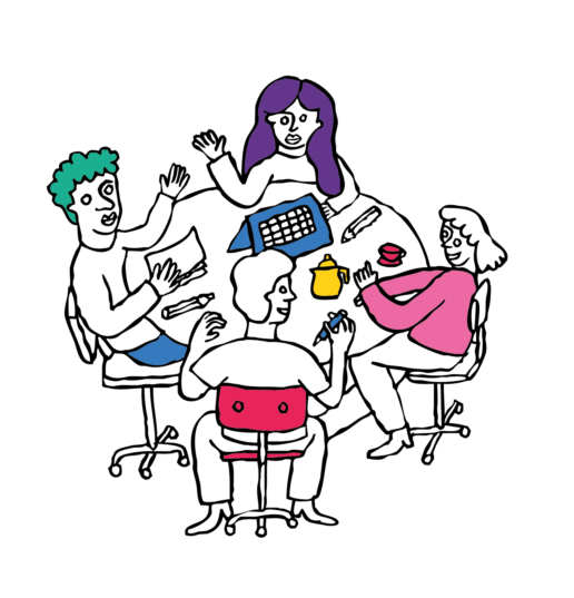 Illustration mit Personen am einem runden Tisch