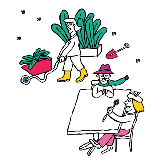 Illustration zu Quartiertreff mit Leuten am Tisch und G&auml;rtner